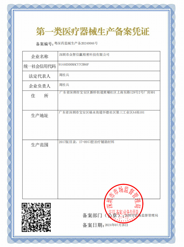 First Class Medical Device Production Filing Certificate